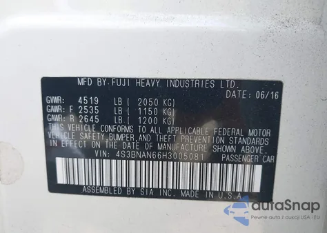 2017 Subaru Legacy 2.5I Limited z USA, uszkodzony, nr VIN 4S3BNAN66H3005081